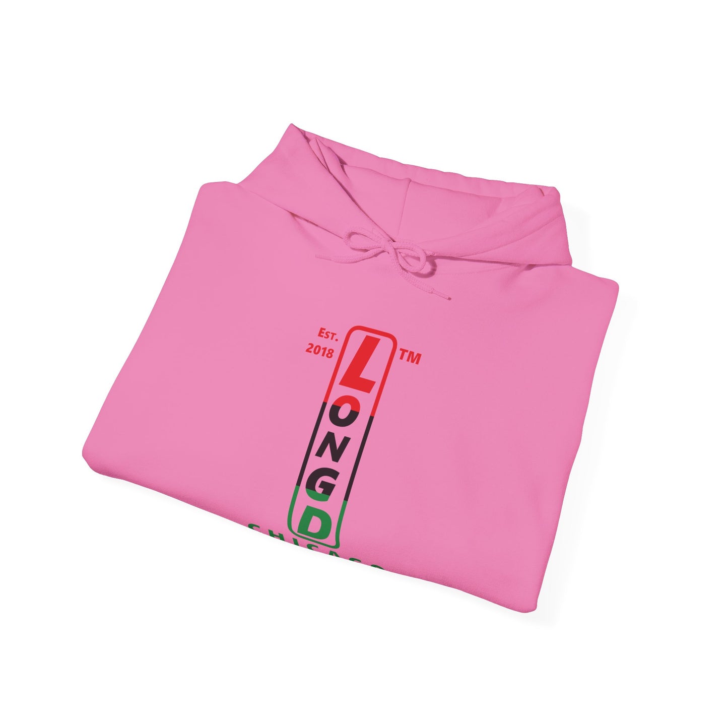 LongD® positive horizontal 3-striped Chicago 4-print upright logo hoodie (Juneteenth colors)