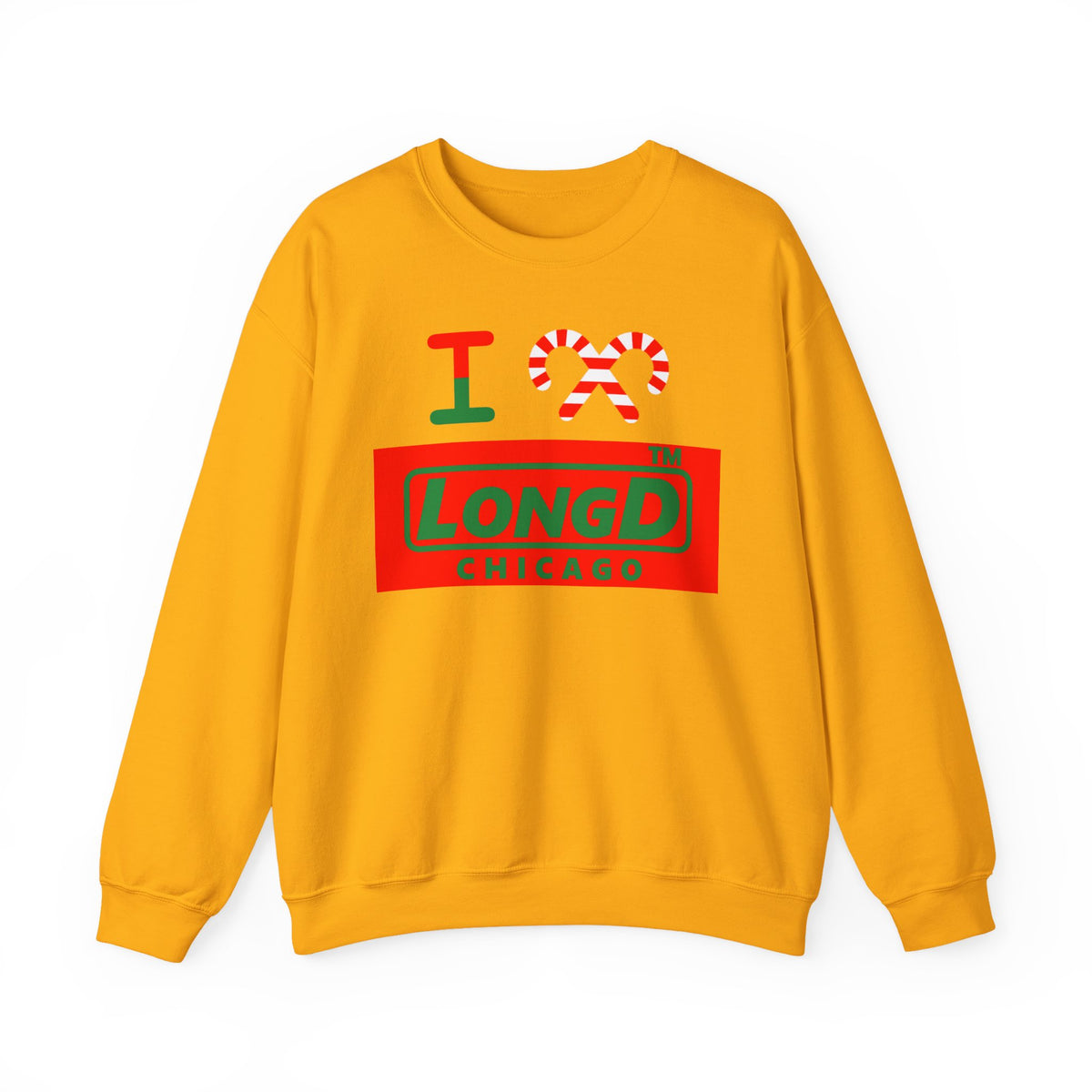 I candy cane LongD Chicago logo positive green on negative red crewneck sweatshirt