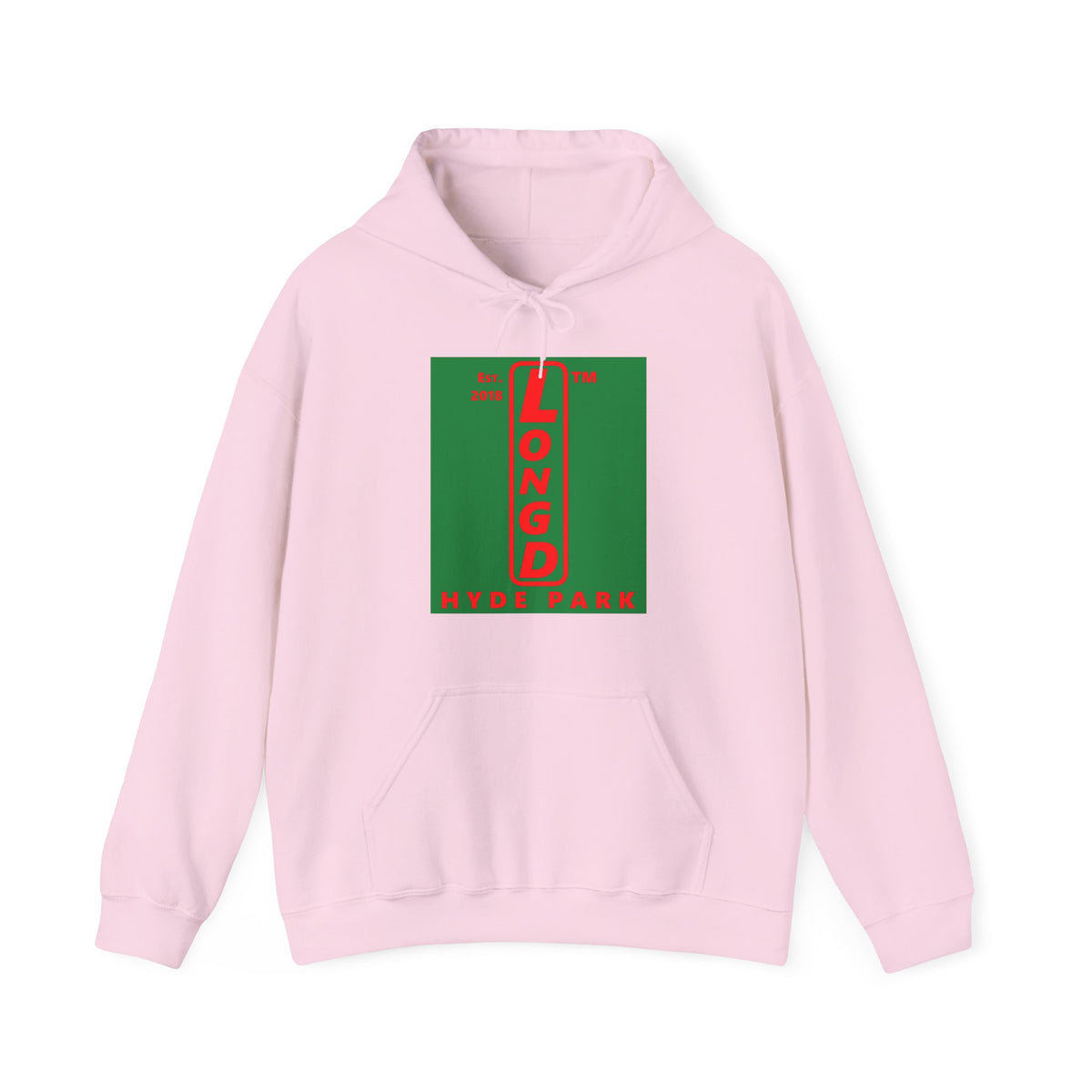 LongD Hyde Park upright logo positive red on negative green (Xmas colors) hoodie