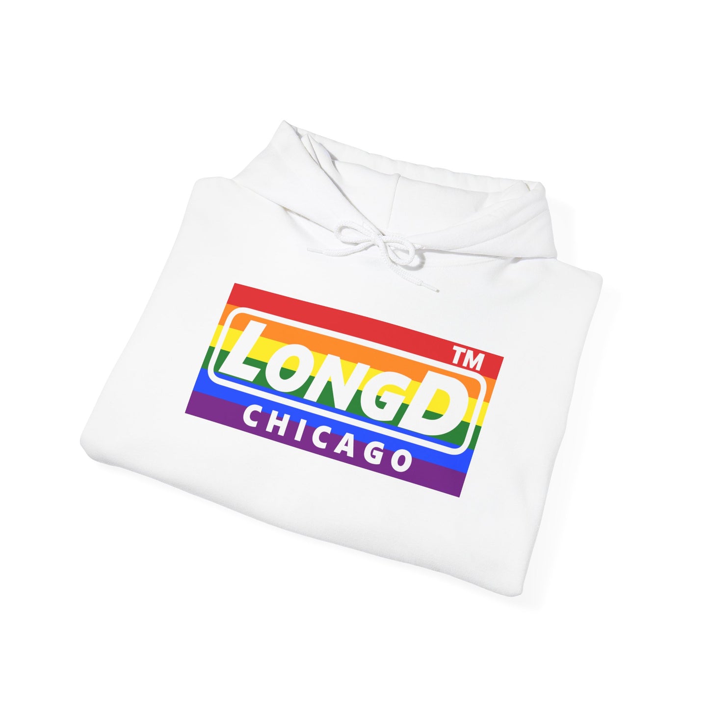 LongD® negative horizontal striped Chicago logo hoodie (Pride colors)