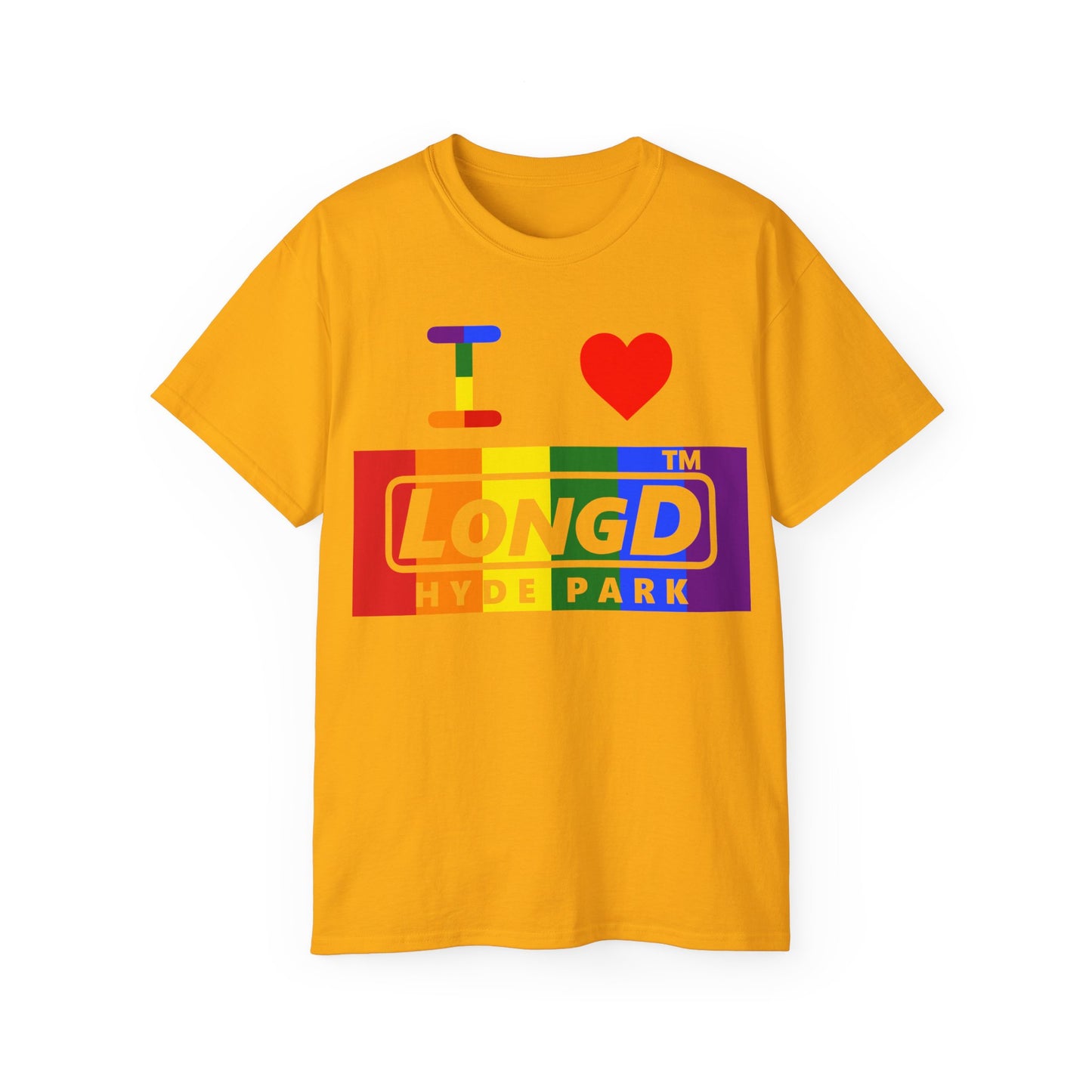 I Luv LongD negative vertical striped Hyde Park logo cotton tee (Pride colors)