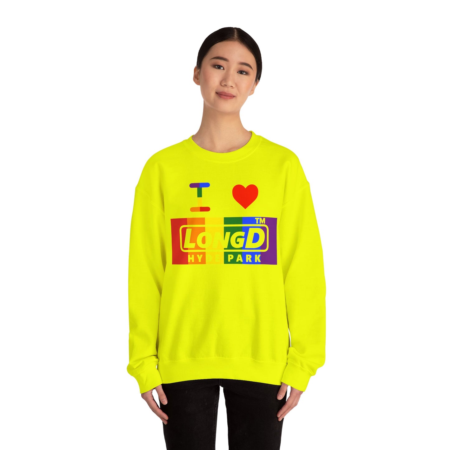 I Luv LongD negative vertical striped Hyde Park logo crewneck sweatshirt (Pride colors)