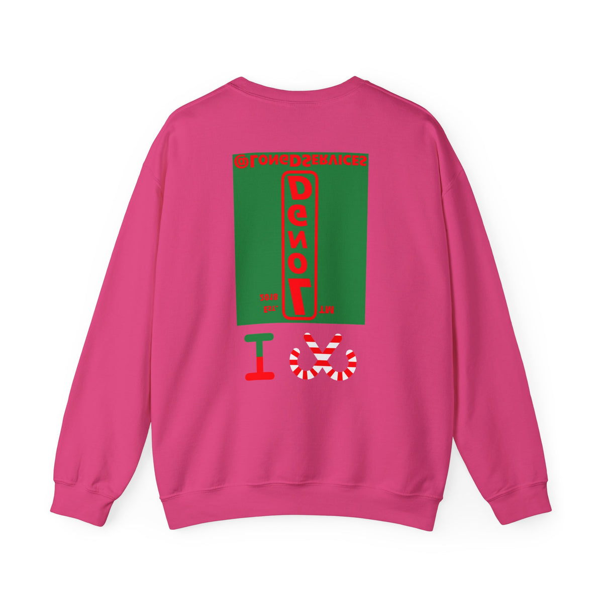 I candy cane LongD Tag upright front-back logo positive red on negative green crewneck sweatshirt