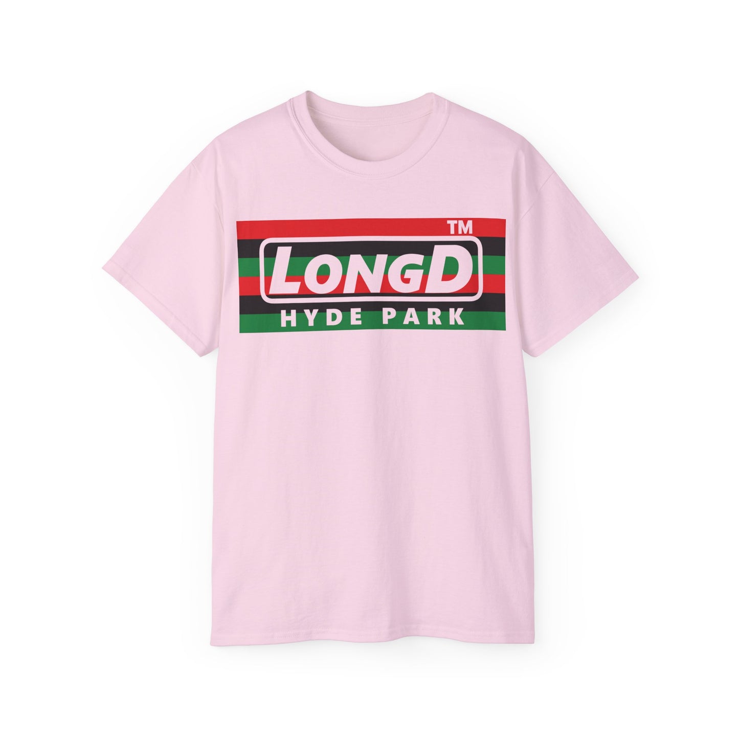 LongD negative horizontal 6-striped Hyde Park logo cotton tee (Juneteenth colors)
