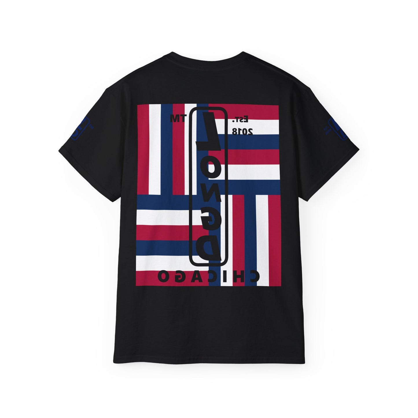 LongD cotton tee negative windmill 4-print Chicago upright logo (Patriotic colors)