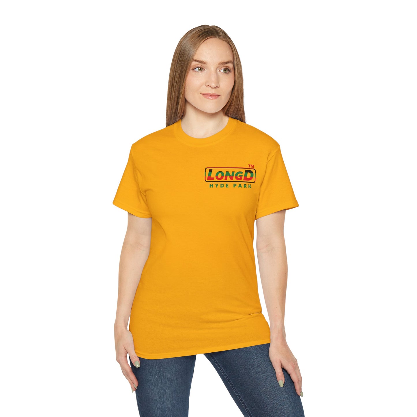 LongD positive horizontal 6-striped Hyde Park logo single-breasted front-back cotton tee (Juneteenth colors)