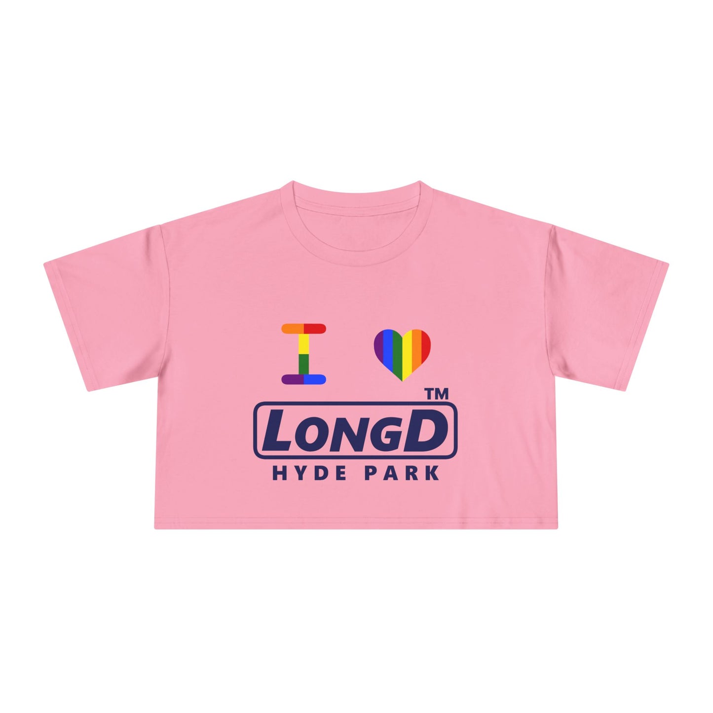 I Luv LongD basic official front-back Hyde Park logo crop tee (Pride colors)