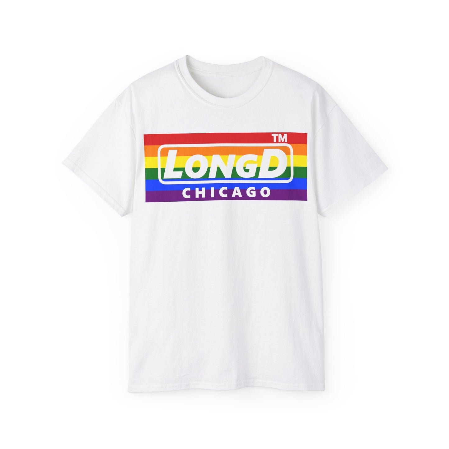 LongD negative horizontal striped Chicago logo cotton tee (Pride colors)