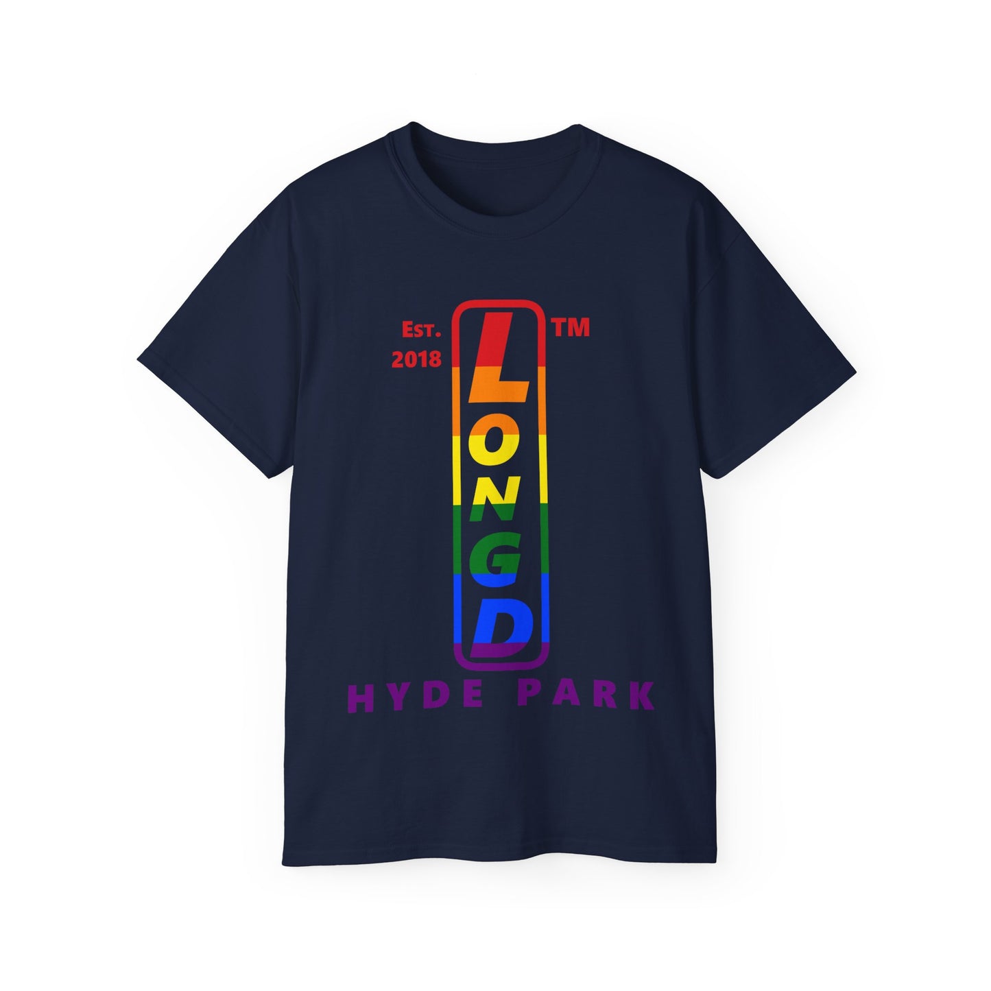 LongD Cotton Tee positive horizontal striped Hyde Park upright logo (Pride colors)
