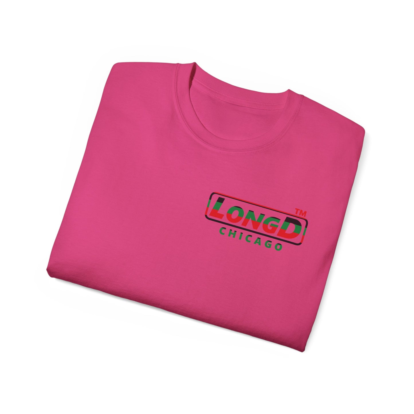 LongD positive horizontal 6-striped Chicago logo single-breasted front-back cotton tee (Juneteenth colors)