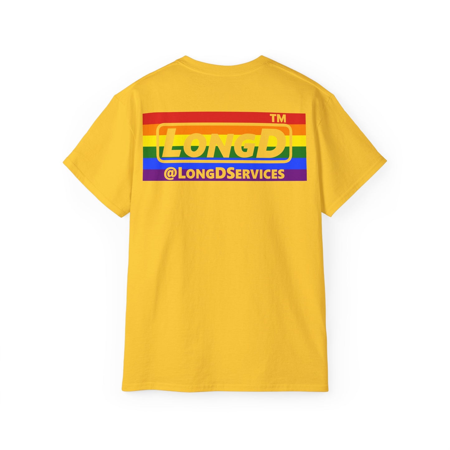 I Luv LongD negative horizontal striped front-back Hyde Park logo cotton tee (Pride colors)
