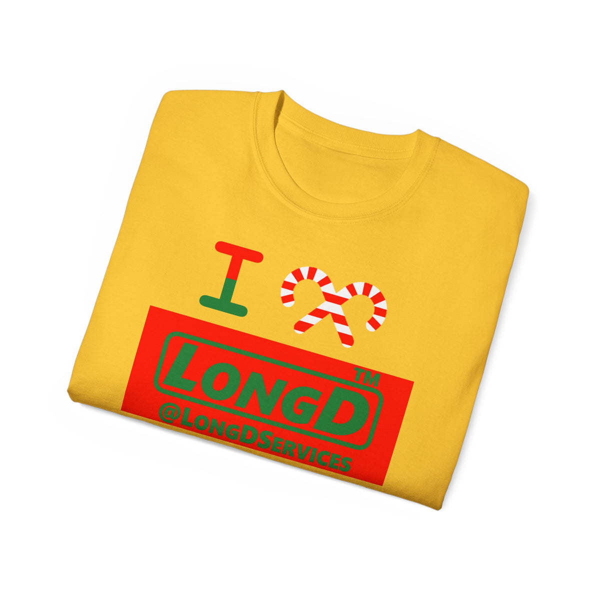 I candy cane LongD Tag logo positive green on negative red cotton tee