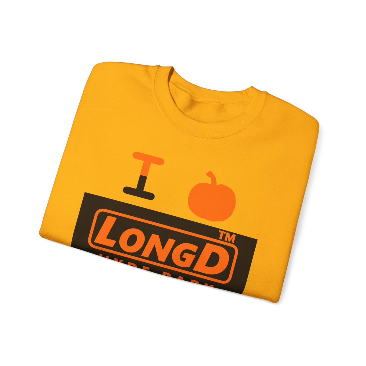 I pumpkin LongD Hyde Park logo positive orange on negative black crewneck sweatshirt