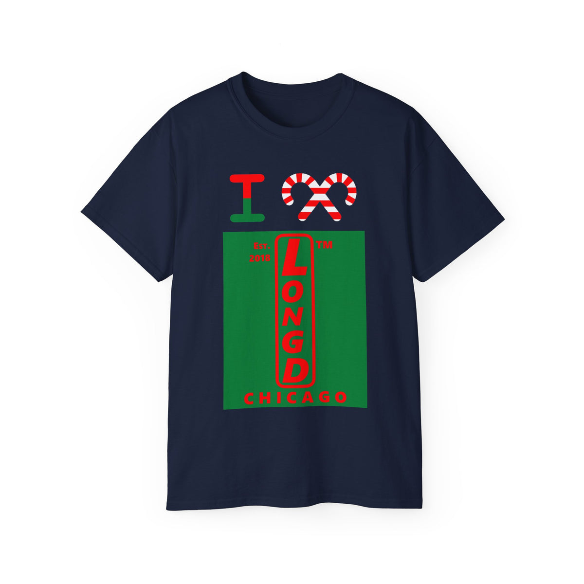 I candy cane LongD Chicago upright logo positive red on negative green cotton tee