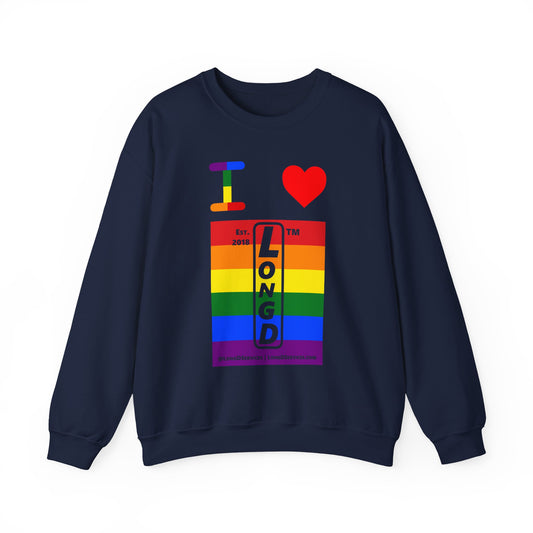 I Luv LongD negative horizontal 6-striped tag-domain upright logo crewneck sweatshirt