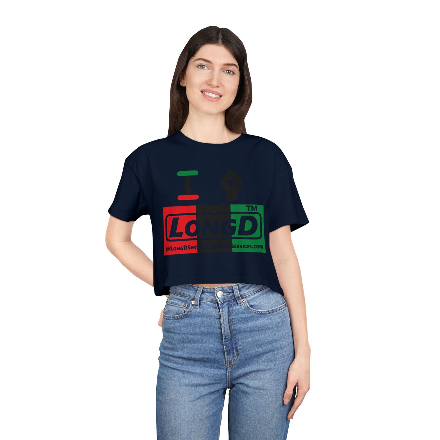 I fist LongD negative vertical 3-striped tag-domain logo crop tee