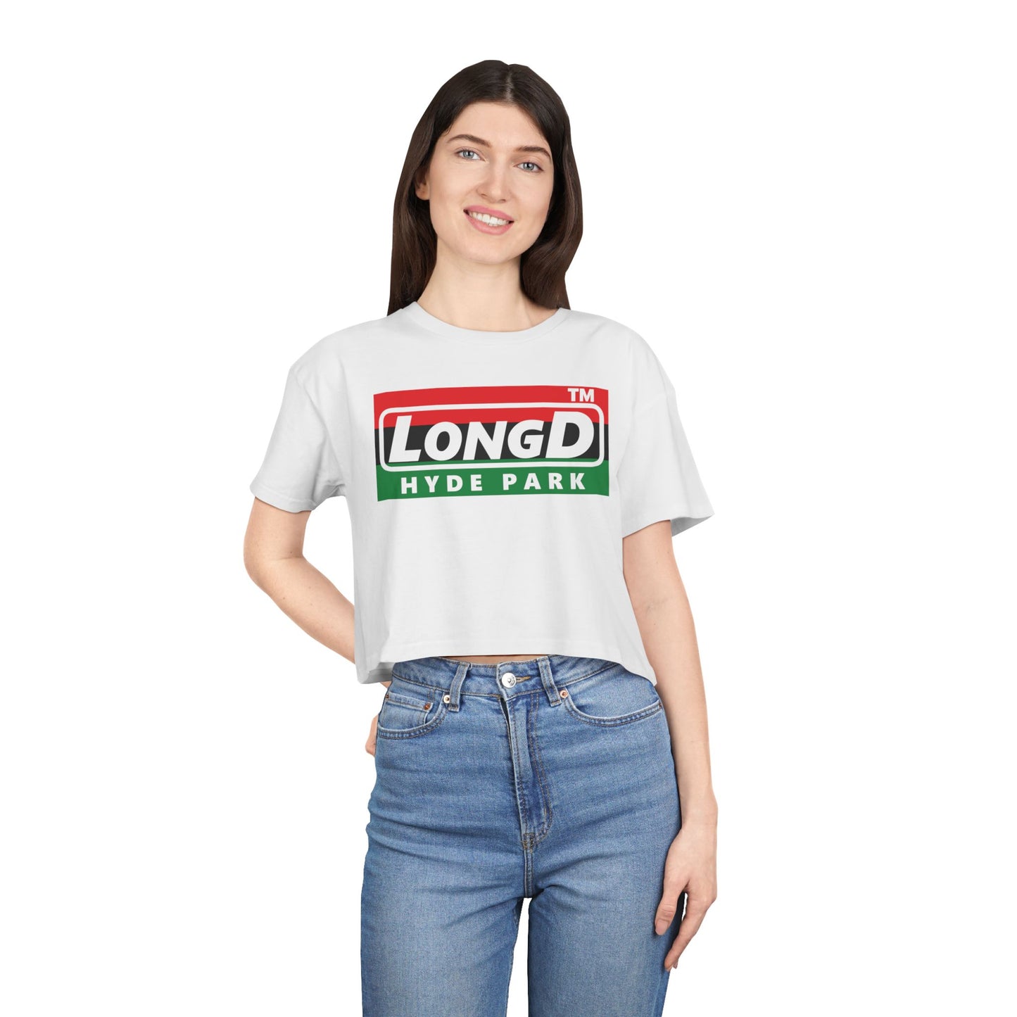 LongD negative horizontal 3-striped Hyde Park logo crop tee (Juneteenth colors)