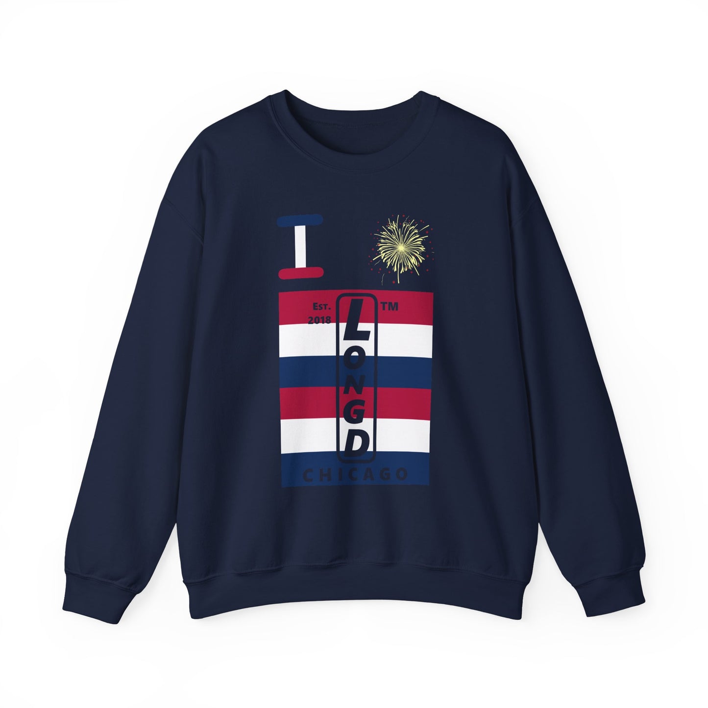I Burst LongD negative horizontal 6-striped Chicago upright logo crewneck sweatshirt