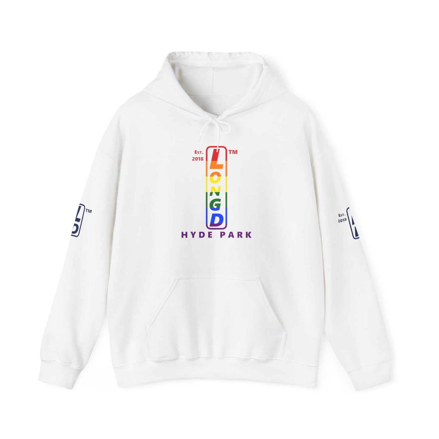 LongD® positive horizontal 6-striped Hyde Park 4-print upright logo hoodie (Pride colors)
