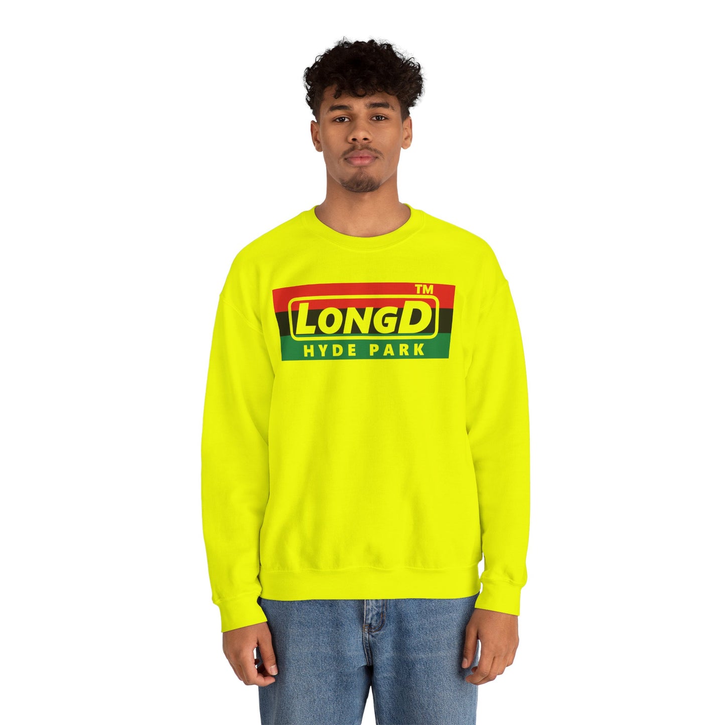 LongD negative horizontal 3-striped Hyde Park logo crewneck sweatshirt (Juneteenth colors)