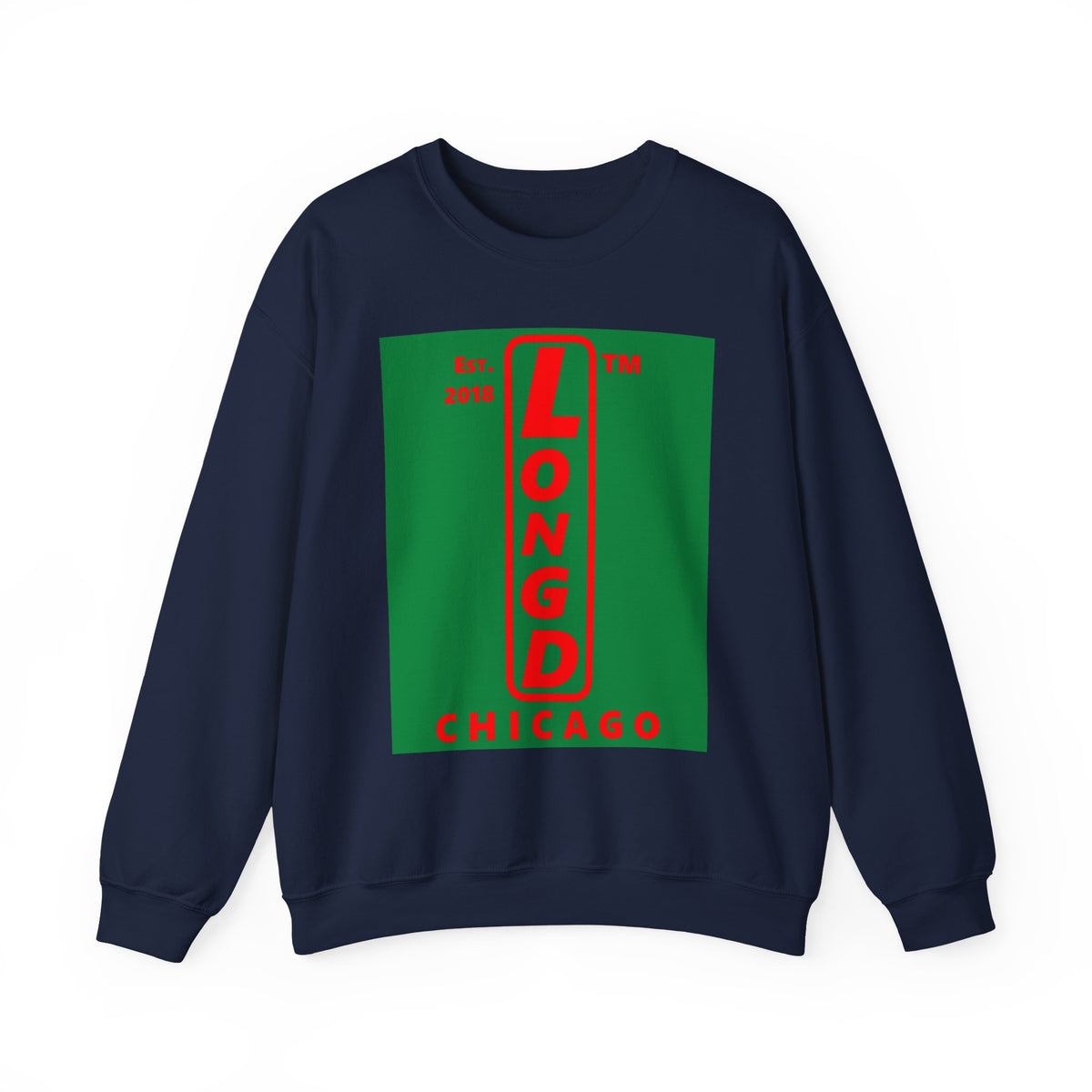 LongD Chicago upright logo positive red on negative green (Xmas colors) crewneck sweatshirt