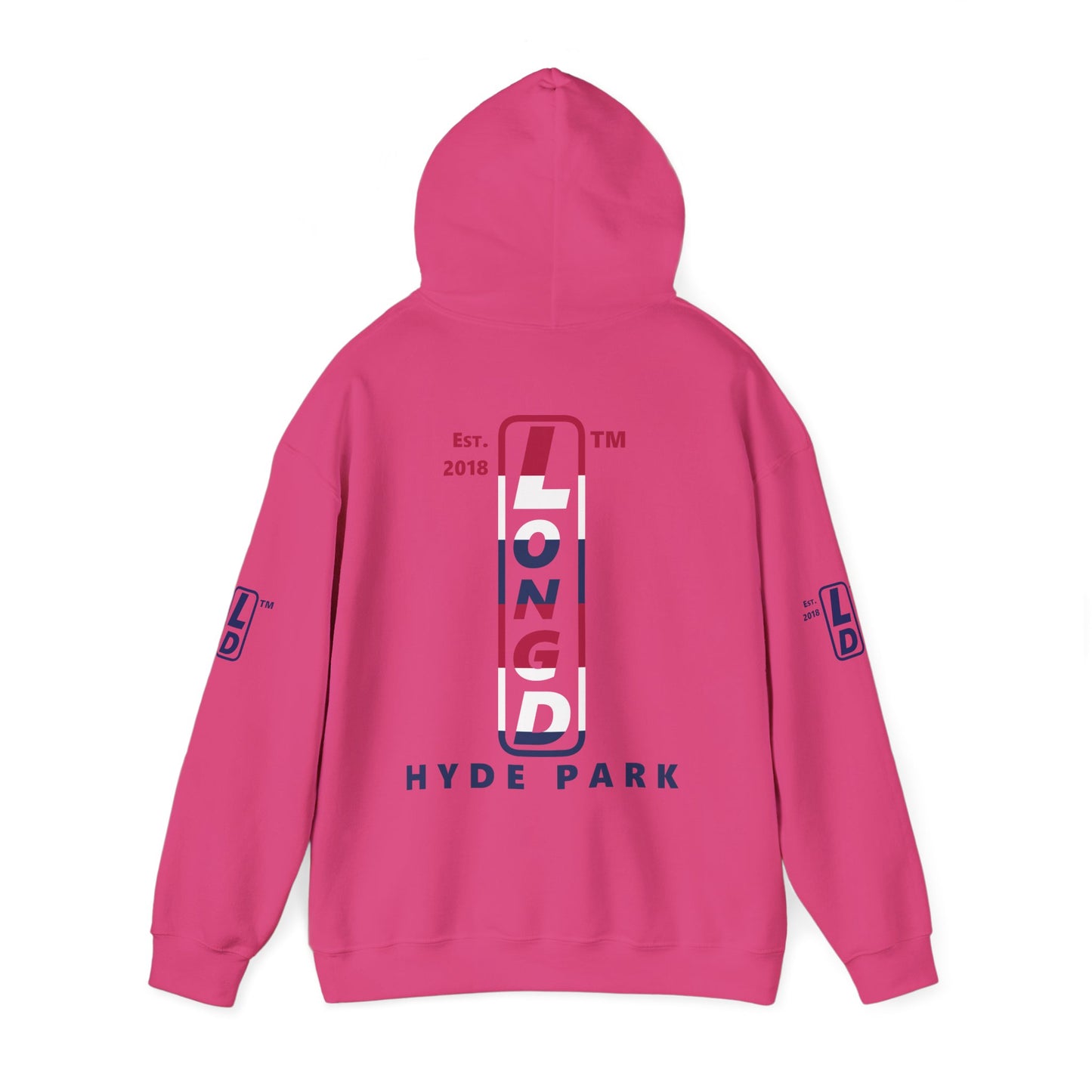 LongD® positive horizontal 6-striped Hyde Park 4-print upright logo hoodie (patriotic colors)