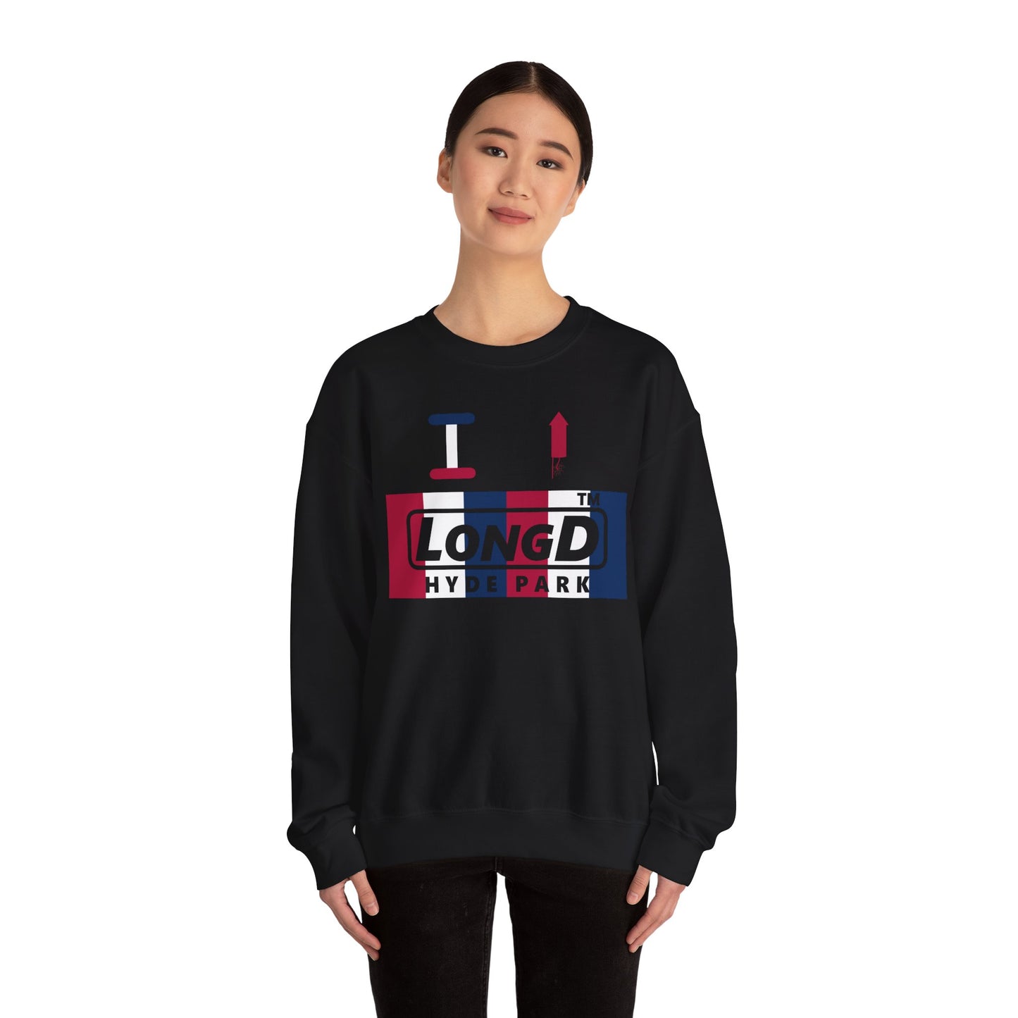 I firecracker LongD negative vertical 6-striped Hyde Park logo crewneck sweatshirt
