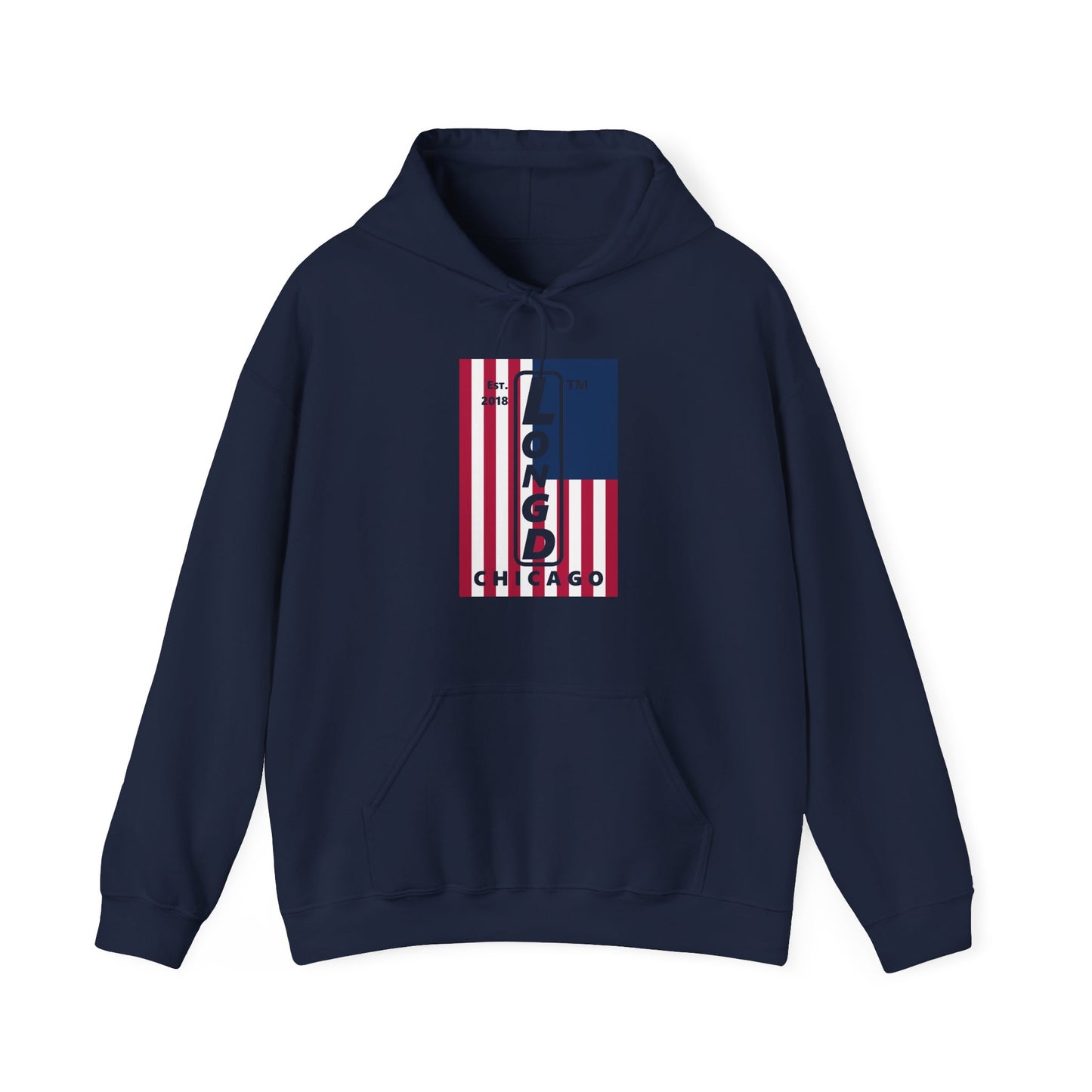 LongD® negative cropped flag upright Chicago logo hoodie