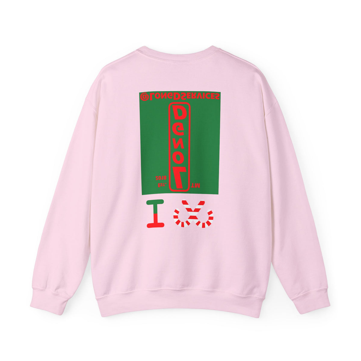 I candy cane LongD Tag upright front-back logo positive red on negative green crewneck sweatshirt