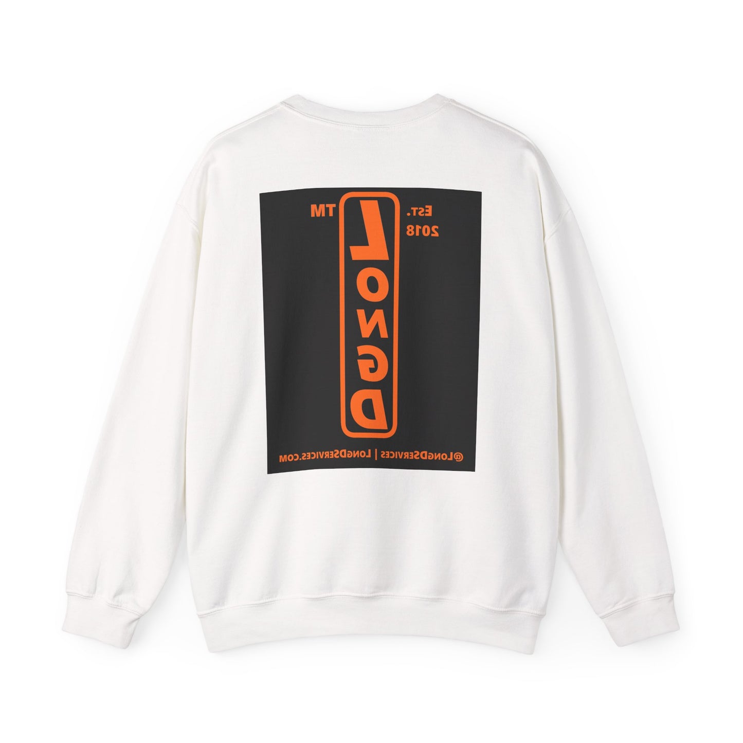LongD Tag-domain upright front-back logo orange (FE7518) on Black (000000) crewneck sweatshirt