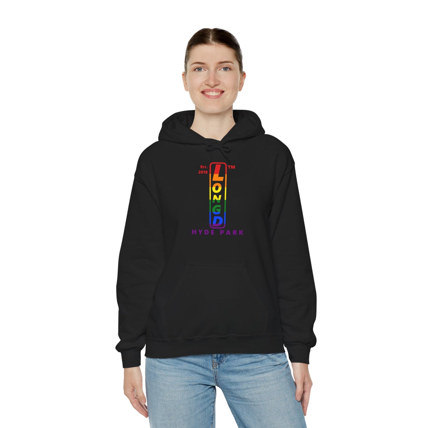 LongD® positive horizontal 6-striped Hyde Park logo hoodie (Pride colors)