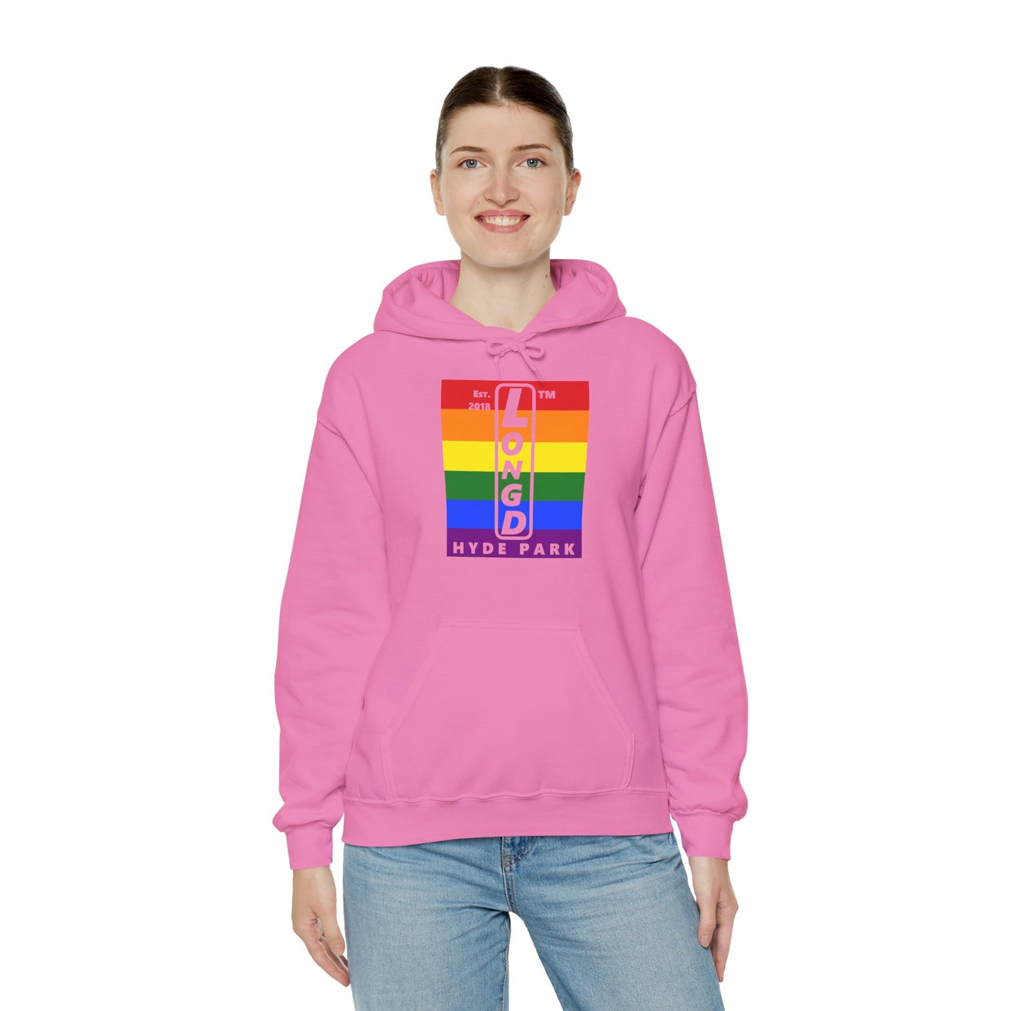 LongD® negative horizontal 6-striped upright Hyde Park logo hoodie (Pride colors)