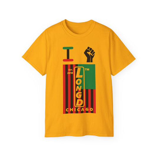 I fist LongD Cotton Tee negative flag Chicago upright logo (Juneteenth colors)