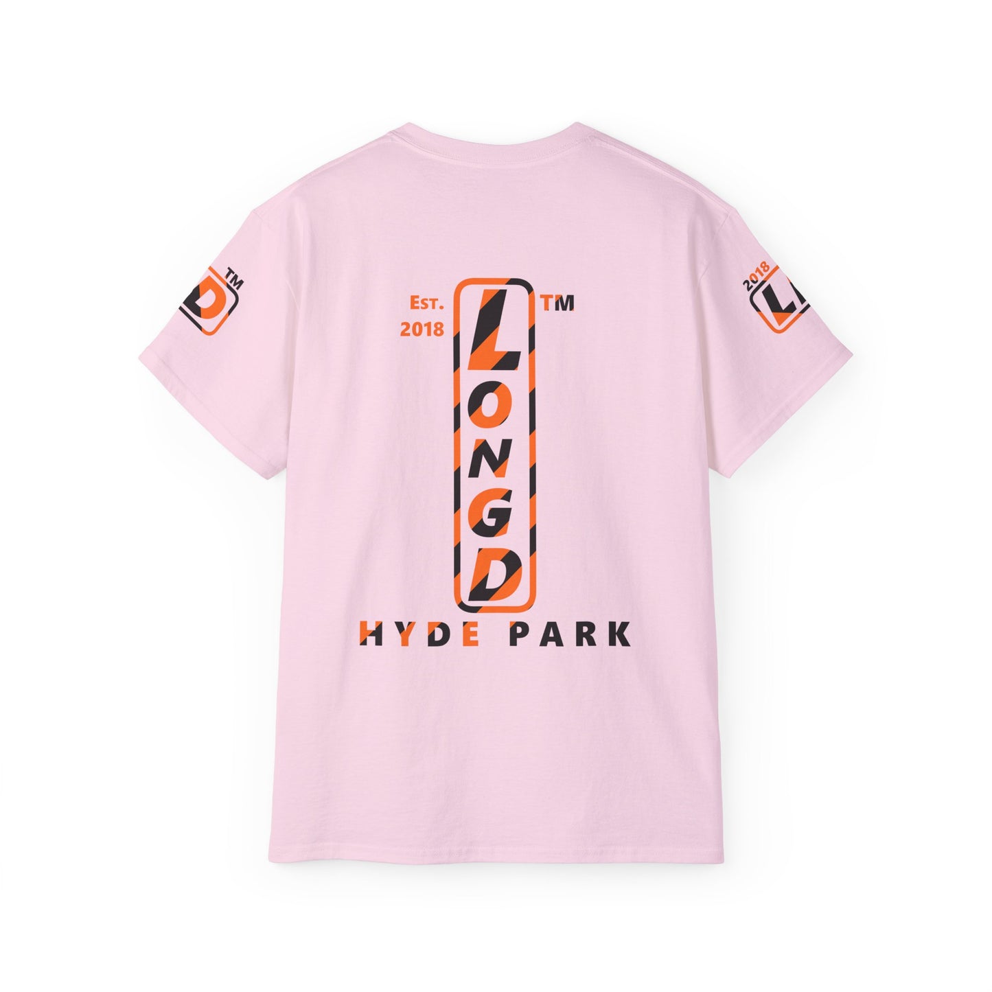 LongD Hyde Park positive upright pixel-weighted 12-striped 4-print logo (Halloween colors) cotton tee