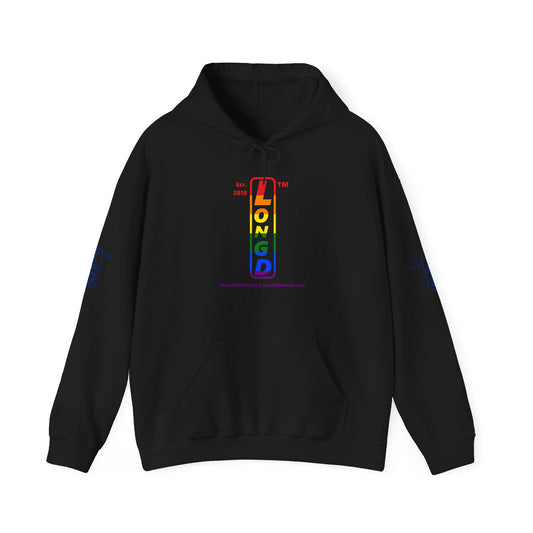 LongD® positive horizontal 6-striped tag-domain 4-print upright logo hoodie (Pride colors)
