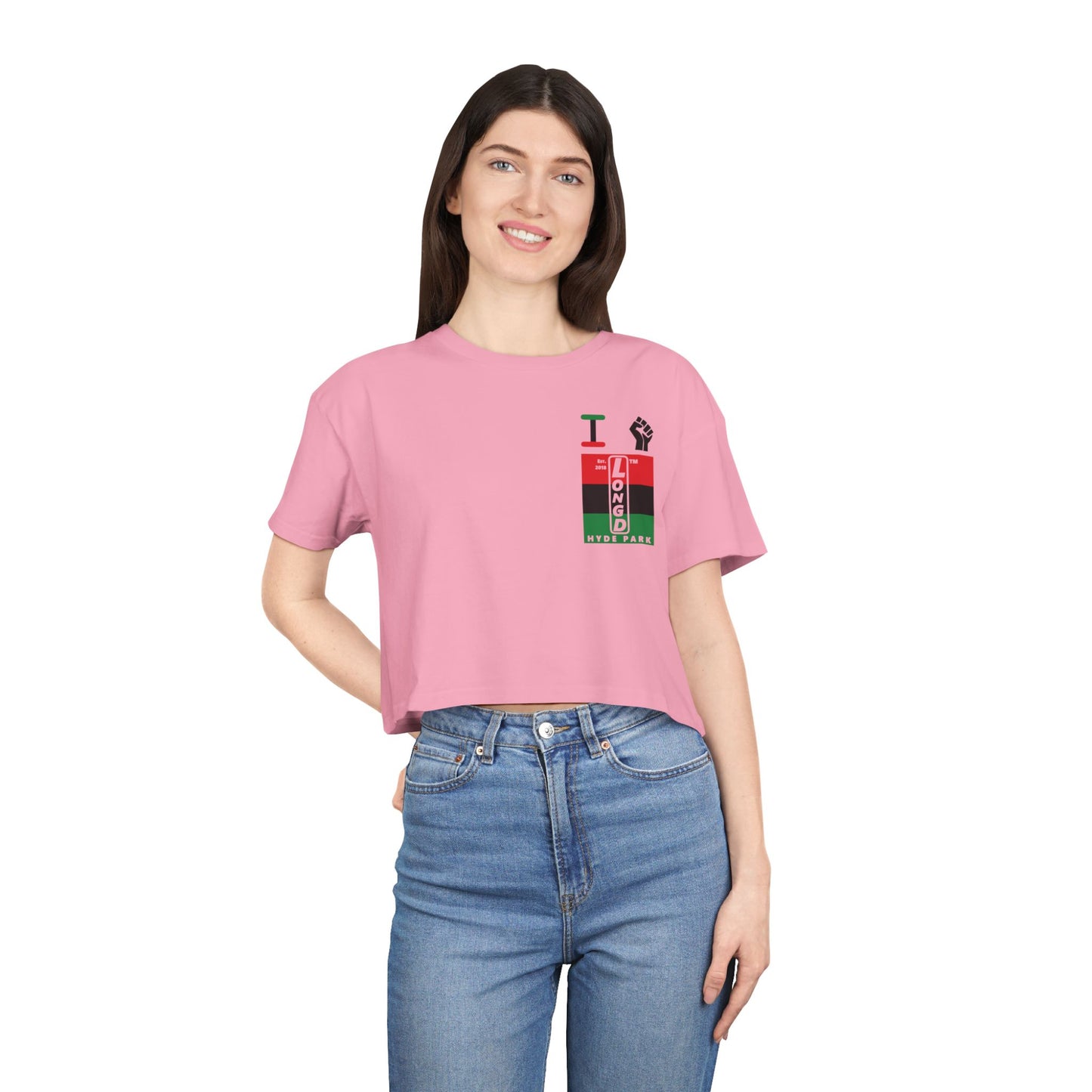 I fist LongD negative horizontal 3-striped upright single-breasted Hyde Park logo crop tee (Juneteenth colors)