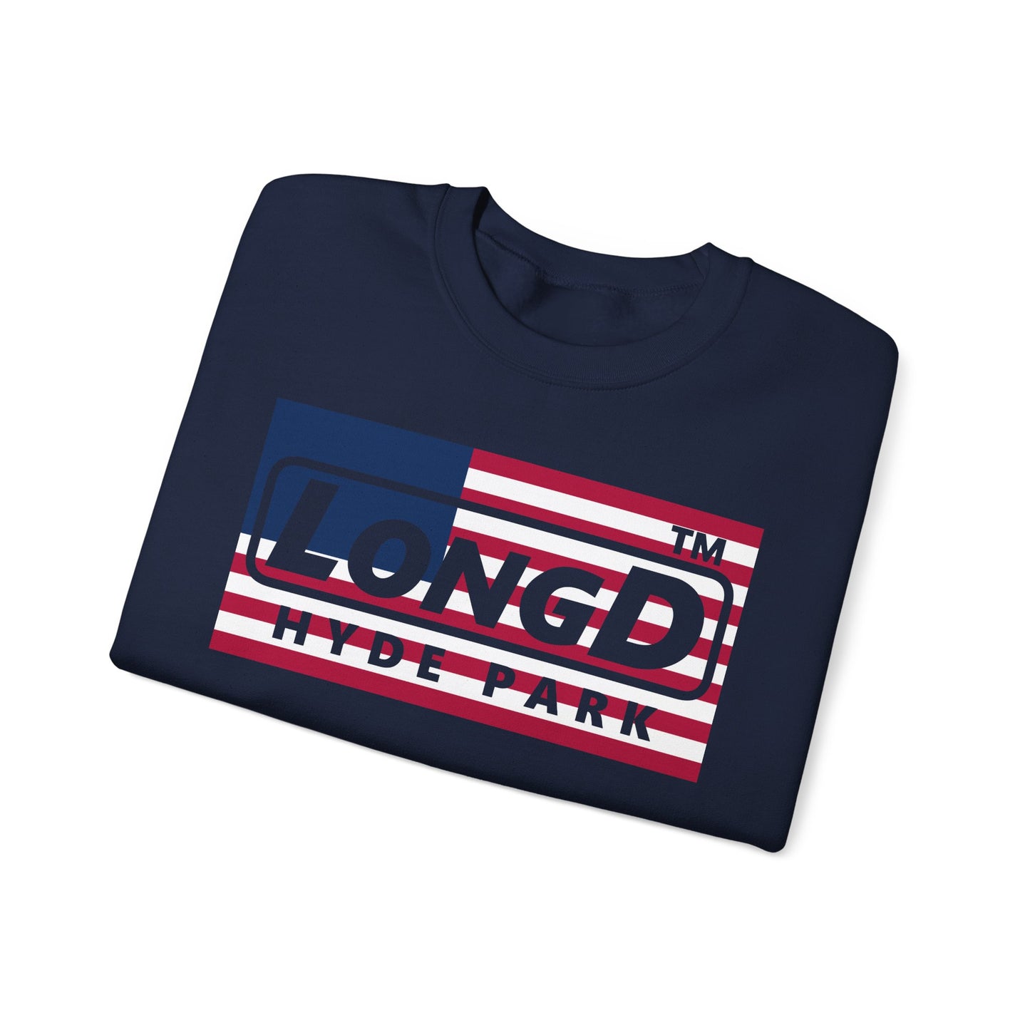 LongD negative flag front-back Hyde Park logo crewneck sweatshirt (patriotic colors)