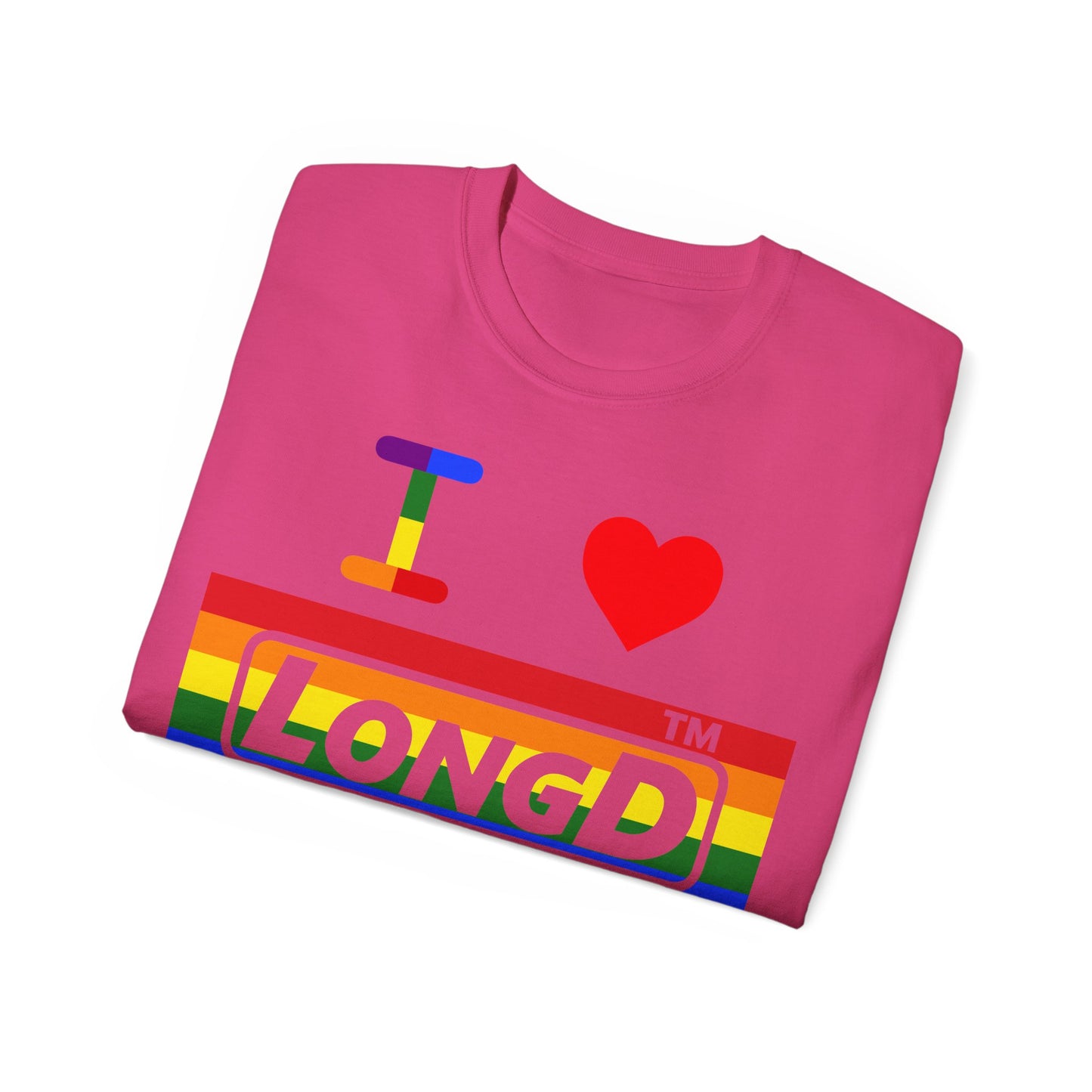 I Luv LongD negative horizontal striped front-back Hyde Park logo cotton tee (Pride colors)