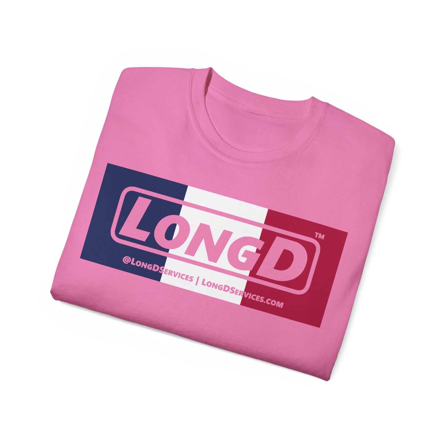 LongD® Logo Cotton Tee Blue, White and Red negative thirds text