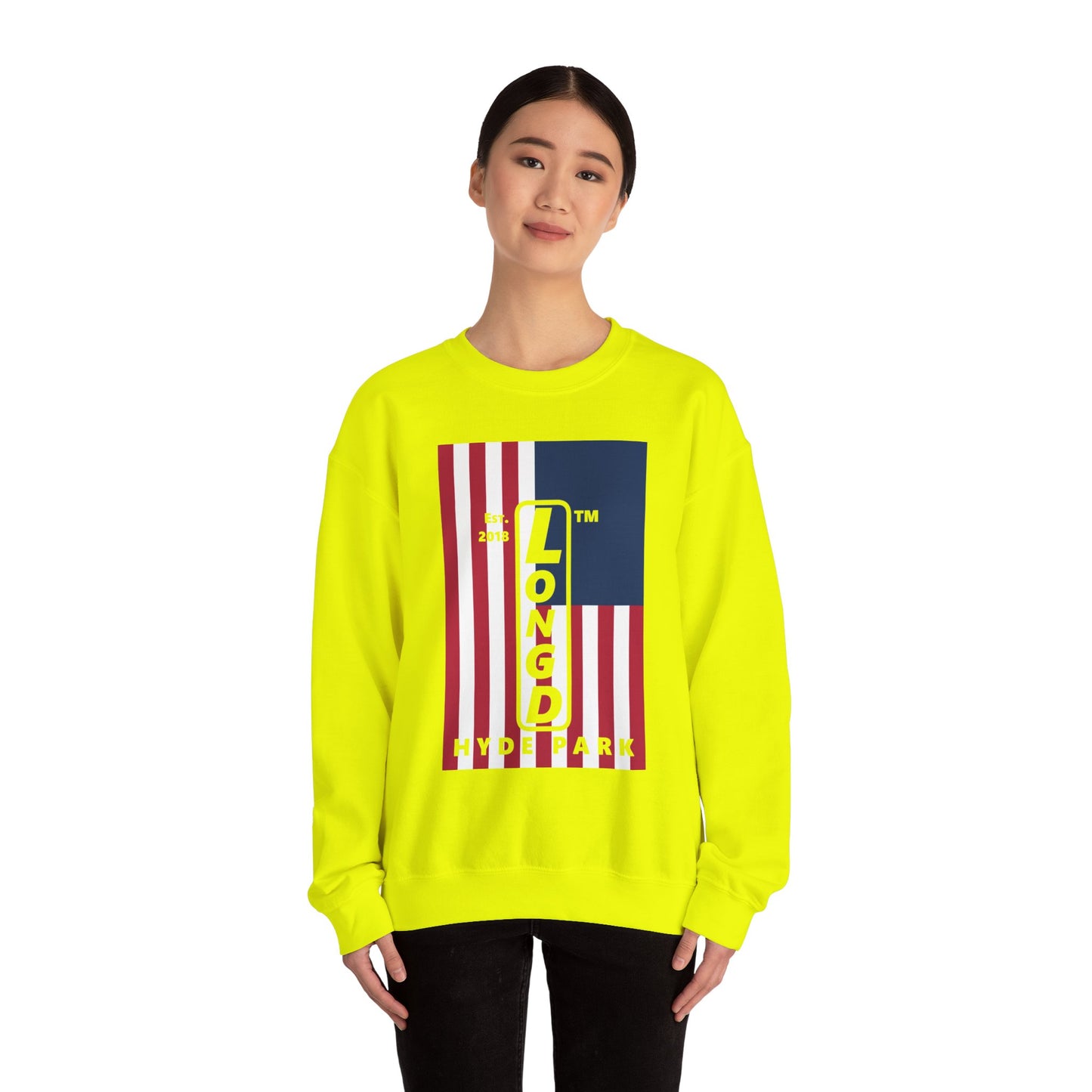 LongD negative cropped flag Hyde Park upright logo crewneck sweatshirt (patriotic colors)
