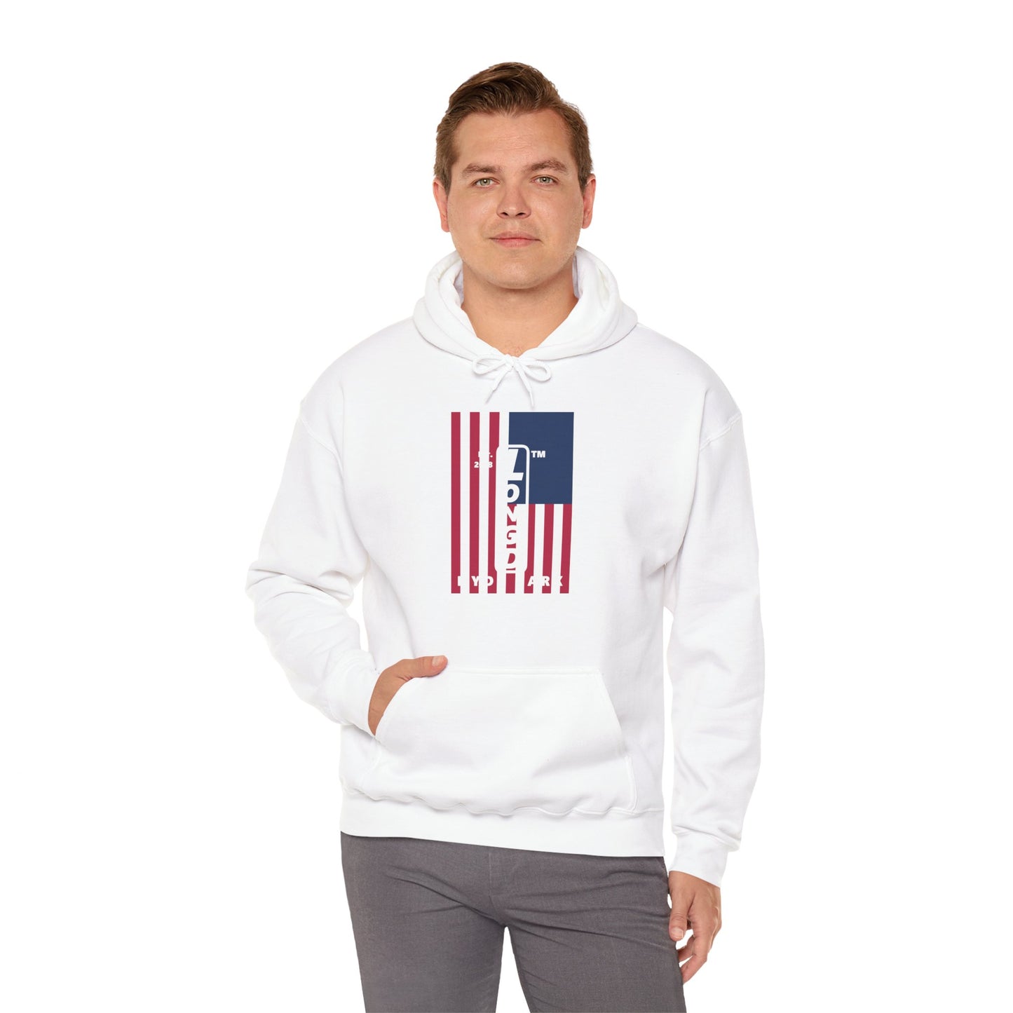 LongD® negative cropped flag upright Hyde Park logo hoodie (Patriotic colors)