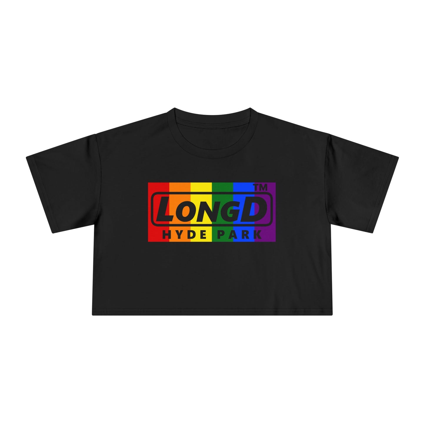 LongD negative vertical 6-striped Hyde Park logo crop tee (Pride colors)