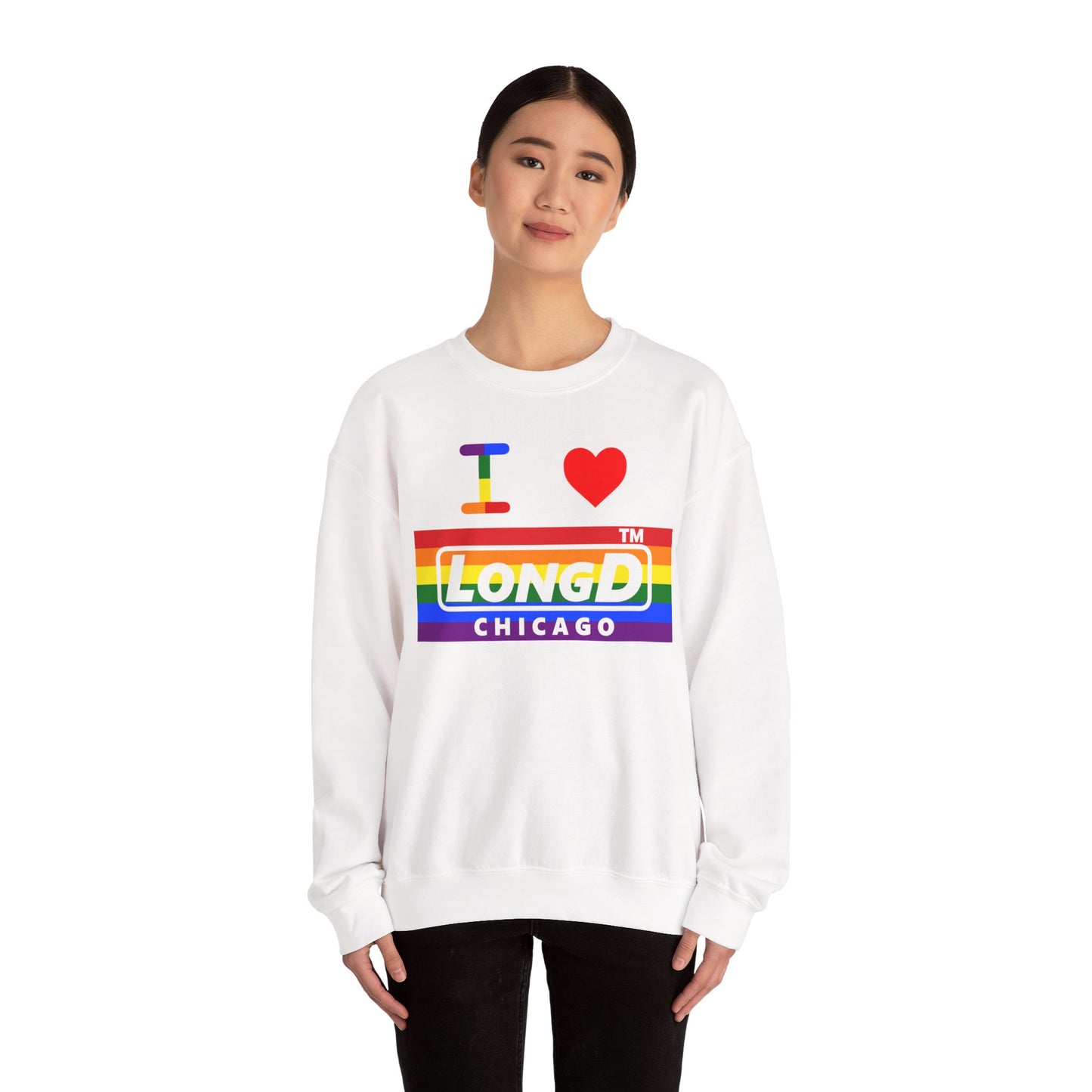 I Luv LongD negative horizontal striped Chicago logo crewneck sweatshirt (Pride colors)