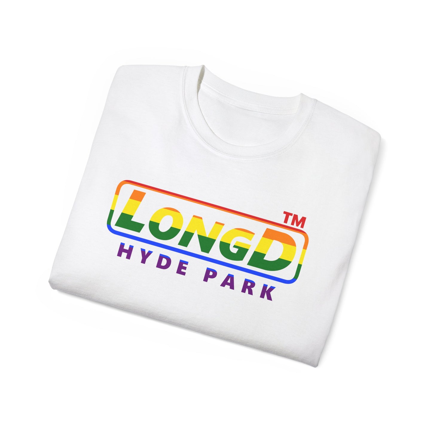 LongD positive horizontal striped Hyde Park logo cotton tee (Pride colors)