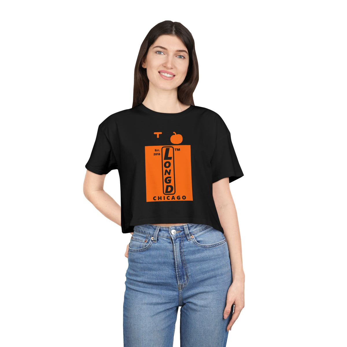 I pumpkin LongD Chicago upright logo positive black on negative orange crop tee
