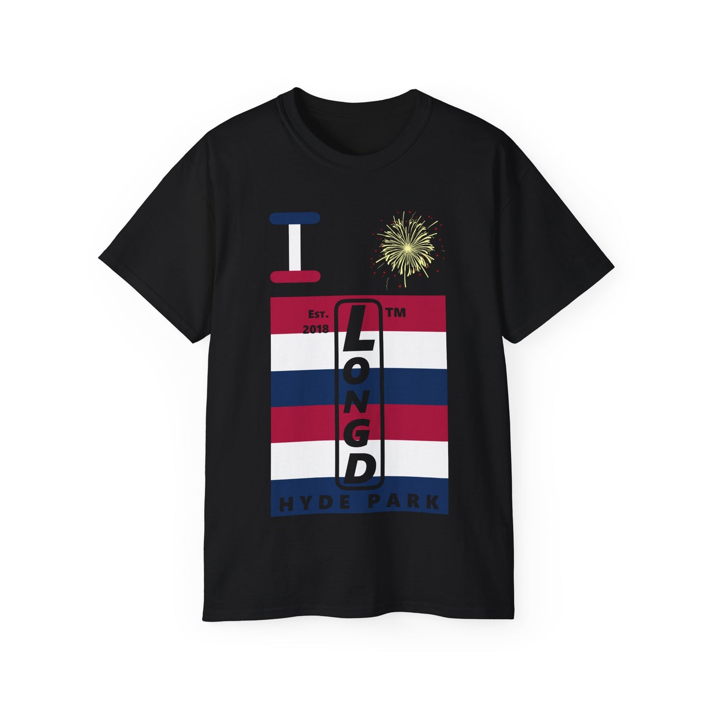 I Burst LongD cotton tee negative horizontal 6-striped Hyde Park upright logo (Patriotic colors)