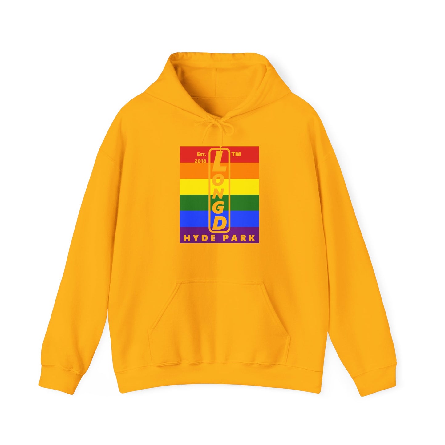 LongD® negative horizontal 6-striped upright Hyde Park logo hoodie (Pride colors)