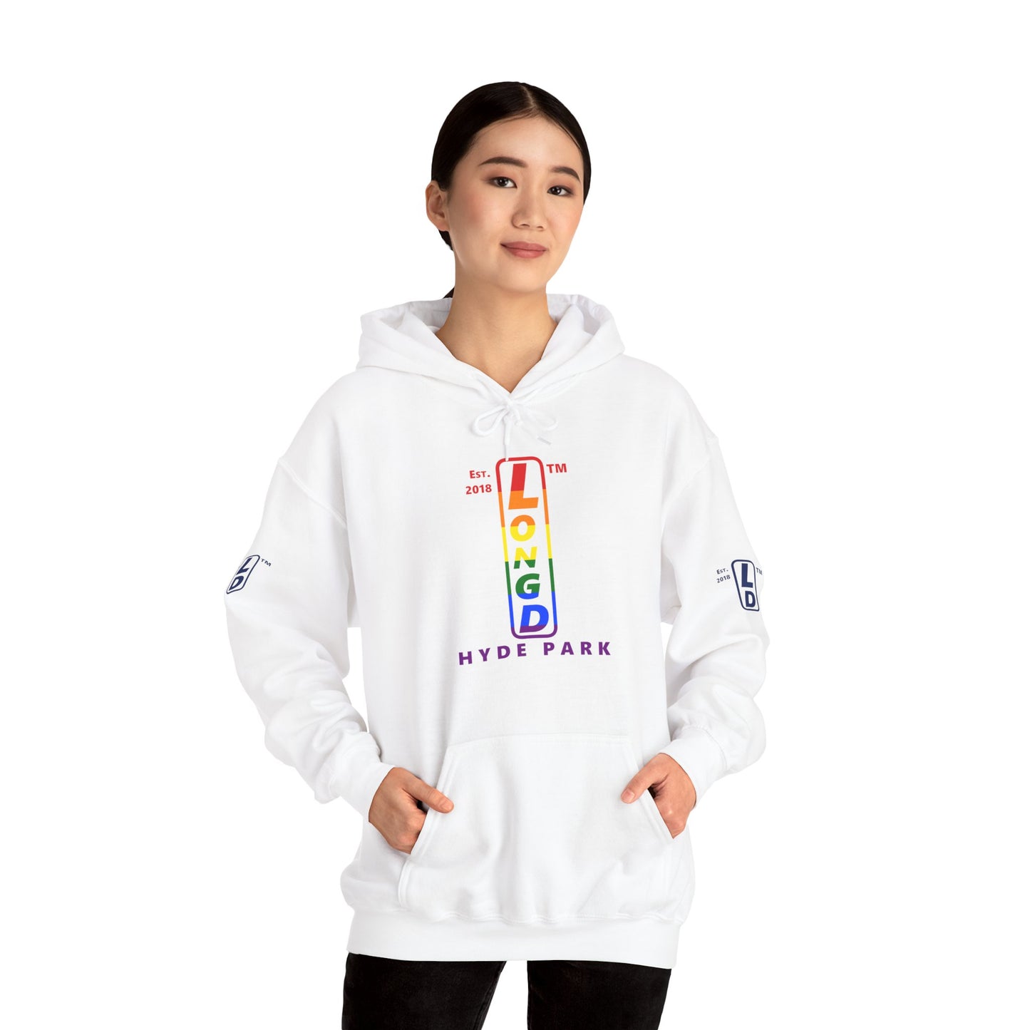 LongD® positive horizontal 6-striped Hyde Park 4-print upright logo hoodie (Pride colors)