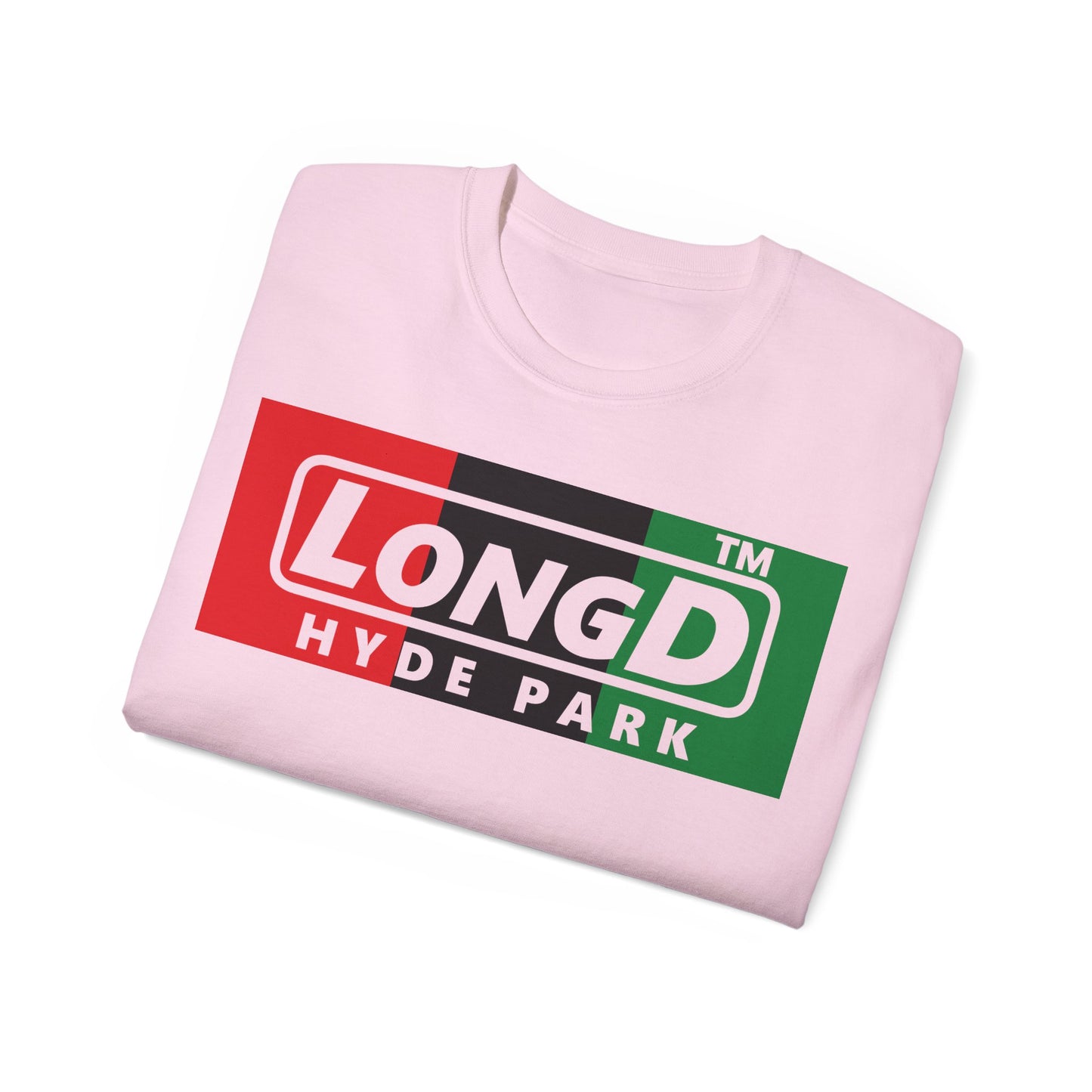 LongD negative vertical 3-striped Hyde Park logo cotton tee (Juneteenth colors)