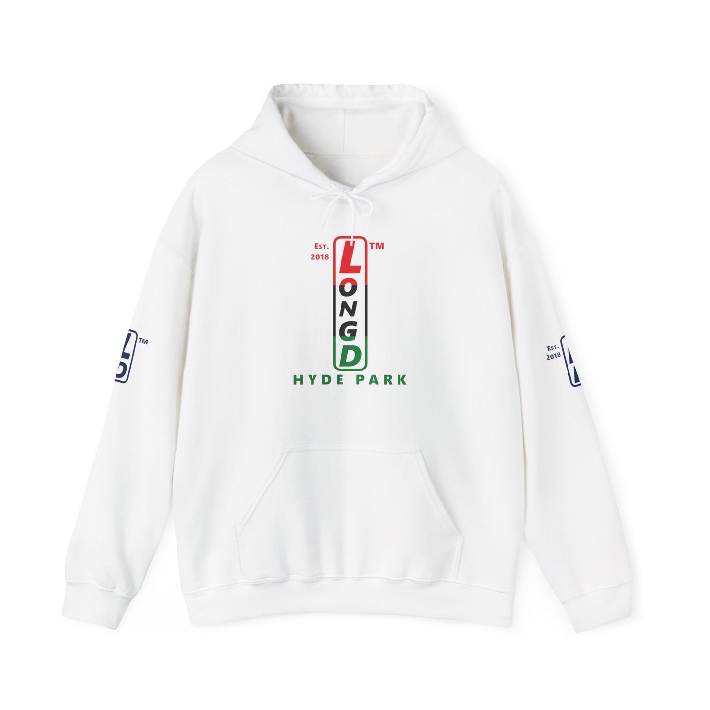 LongD® positive horizontal 3-striped Hyde Park 4-print upright logo hoodie (Juneteenth colors)